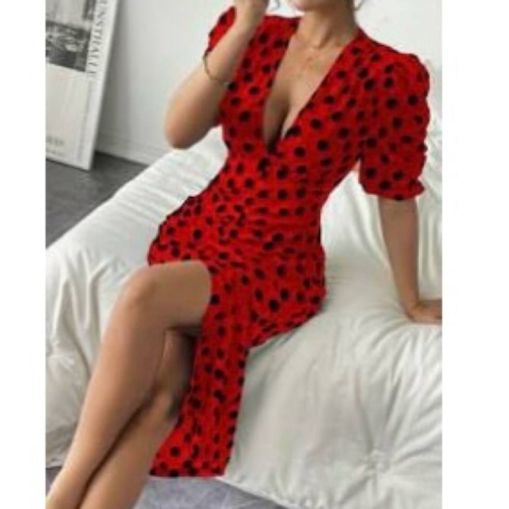 SHEIN Curve Red And Black Polka Dot Ruched Dress